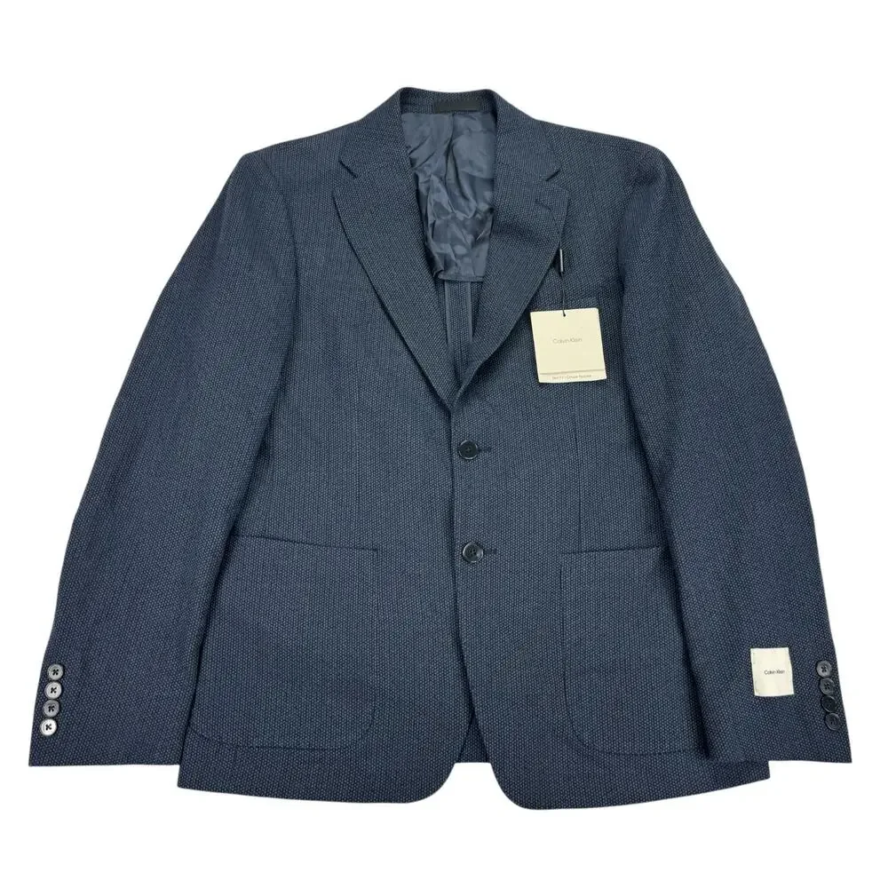 Calvin Klein Mens Slim Fit Wool Blend Textured Stretch Sport Coat Navy Blue 39S